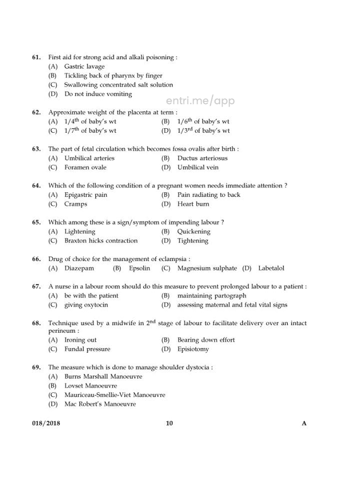 Kerala PSC Staff Nurse Exam Question Paper and Answer Key – Entri Blog