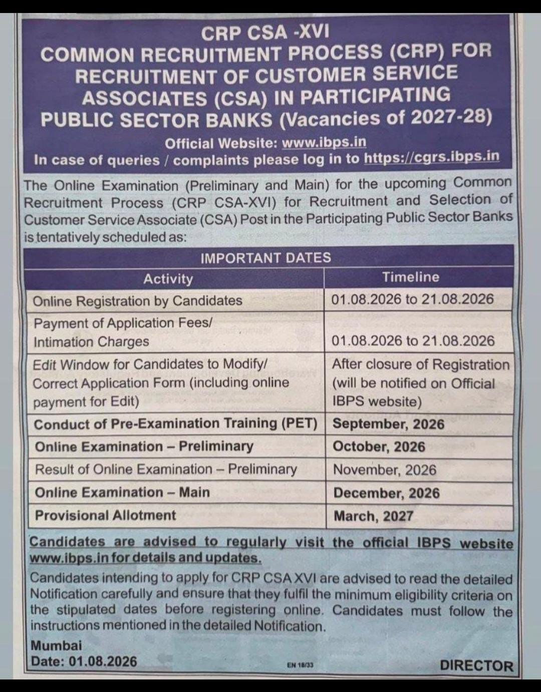 IBPS Clerk Short Notice 2026