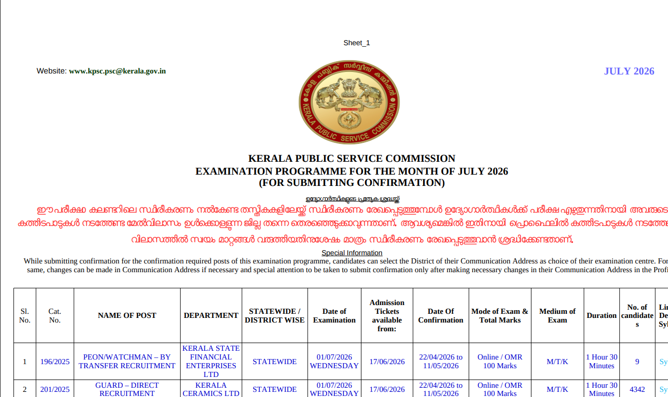 Kerala PSC Exam Calendar 2026 Download