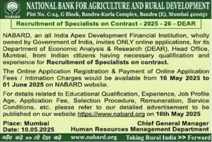 NABARD Specialist Officers Recruitment 2025 Short Notice Out
