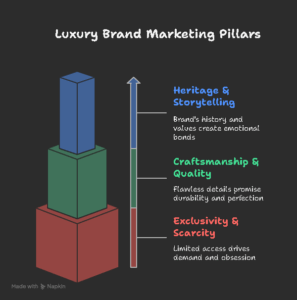 The Core Pillars of Luxury Brand Marketing Luxury brand marketing strategy rests on six pillars. Each one builds desire and loyalty in unique ways. Let’s break them down. Heritage & Storytelling A luxury brand’s story is its soul. Heritage—whether centuries old or carefully crafted—gives depth. It’s not just about products; it’s about history, values, and vision. Hermès tells tales of 19th-century saddle-making, tying every bag to its artisanal roots. Louis Vuitton celebrates its trunk-making origins, making each suitcase a piece of history. These stories create emotional bonds, turning customers into devotees. Brands share their narratives through campaigns, packaging, and even store design. A compelling story makes a $10,000 bag feel like an heirloom. Authenticity is critical—buyers can smell inauthenticity a mile away. Craftsmanship & Quality Luxury lives in details. Flawless craftsmanship sets brands apart. Rolex spends months perfecting a single watch, with artisans hand-assembling each piece. Cartier’s jewelry showcases precision only master jewelers achieve. Quality isn’t just a feature—it’s the promise. Buyers expect durability, beauty, and perfection. Transparency builds trust. Brands like Patek Philippe highlight their Swiss workshops, showing the care behind every product. Sourcing matters too—ethical diamonds or hand-stitched leather signal integrity. When customers pay premium prices, they demand unmatched quality. Exclusivity & Scarcity Nothing says luxury like “you can’t have it.” Scarcity drives demand. Hermès limits Birkin bag production, creating years-long waitlists. Ferrari caps car releases, making ownership a privilege. Exclusivity isn’t just about supply—it’s about access. VIP events, private boutiques, and bespoke services make buyers feel special. Controlled distribution reinforces this. Luxury brands avoid mass retailers, choosing flagship stores or select partners. The psychology is simple: when something’s hard to get, it’s worth more. Scarcity turns desire into obsession.