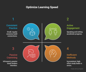 Factors That Affect Learning Time
Not every student moves at the same speed. Several factors explain the difference.
Daily study time
Thirty minutes per day is better than three hours on Saturday only. Language learning needs small, regular sessions. Your brain builds connections during sleep. Daily practice feeds that process. Irregular study forces your brain to restart each time. This adds months to your timeline.
Learning method (self versus guided)
A good teacher cuts your learning time by half. Teachers correct mistakes immediately. They explain grammar clearly. They force you to speak. Self learners often repeat the same errors for weeks. They avoid speaking because it feels uncomfortable.
Language background
English speakers have a massive leg up - german and english come from the same family of languages. Loads of words look deceptively similar too - water is Wasser, house is Haus, and friend is Freund. And to make matters even easier, the grammar patterns in the two languages mirror each other.
Consistency is Key
Factors-That-Affect-Learning-Time-visual-selection
Practice your ear
Reading and listening are about as passive as you can get. Writing and speaking on the other hand require way more effort. The thing is, active skills take longer to get going but learners who chat from day one seem to reach the B1 level a lot faster.