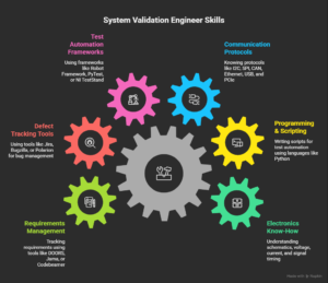 Key Skills Required
A System Validation Engineer needs a balance of both breadth and depth. Its unlikely that any one person is familiar with every single skill listed but nearly every job description mentions at least a few of the following.
Technical Skill 1: Electronics Know-How
You're going to need to know how to read schematics and understand the basics of voltage, current and signal timing. Knowing what a pull-up resistor is and being able to use an oscilloscope to measure a clock signal is also a good starting point. Without a solid grounding in electronics, debugging hardware problems is basically impossible.
Technical Skill 2: Programming & Scripting
Python is probably the most commonly used language for validation work - its easy to pick up and has all the libraries you need for test automation. Some roles will require C for testing embedded systems, while others use LabVIEW or MATLAB. You don't need to be a full on software engineer to get by, but you will need to be able to write scripts that run without a hitch every single time.
Technical Skill 3: Communication protocols
Modern systems talk to each other all the time, so you need to know your protocols - I2C, SPI, CAN, Ethernet, USB, and PCIe to name a few. These all have timing requirements and error conditions, and as a validation engineer you'll be writing tests that push these protocols to the limit.
Technical Skill 4: Getting Familiar with Test Automation Frameworks
Writing raw scripts isn't enough - you need frameworks like Robot Framework, PyTest or NI TestStand to organise your test cases, generate reports and handle the setup and cleanup. Once you've got the hang of one, the next one is much easier to learn.
Technical Skill 5: Defect Tracking Tool Knowledge
When bugs come in, you need somewhere to put them - tools like Jira, Bugzilla or Polarion are all used for storing issues. As a validation engineer, you'll be entering bugs with clear steps, tracking fixes and verifying that the fix actually worked. This verification bit is really important, because if you rush it or do it badly, bugs can come back.
Technical Skill 6: Requirements Management
Validation is all about proving that requirements are being met - so you need tools like DOORS, Jama or Codebeamer to track requirements. Each requirement should link to one or more test cases, and when a test passes, you're validating that requirement. This sort of traceability is pretty much essential if you're working in a regulated industry like medical devices.