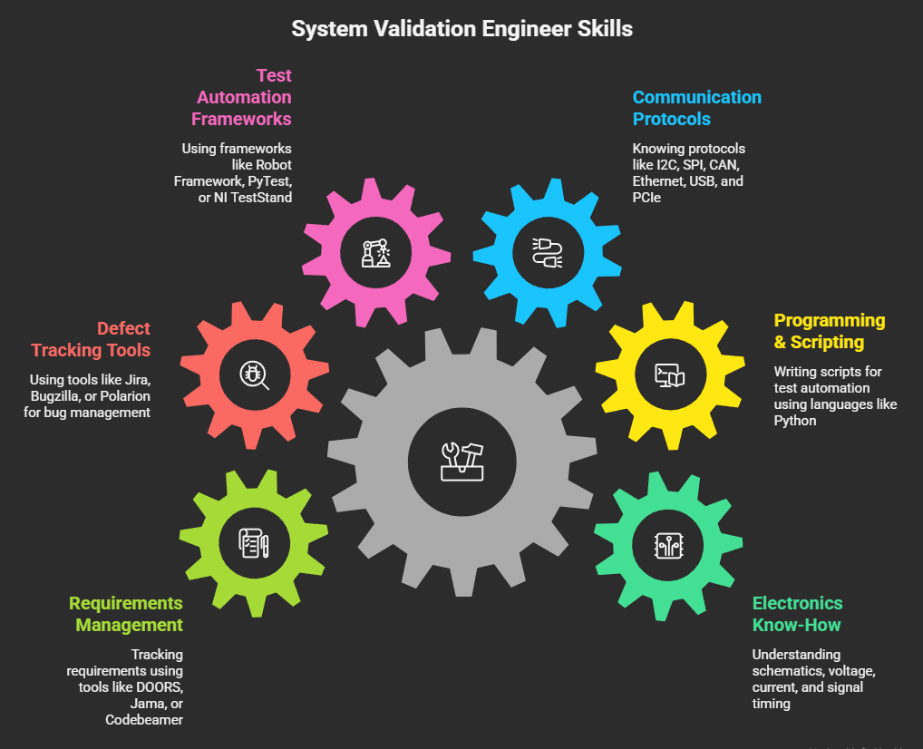 Key Skills Required A System Validation Engineer needs a balance of both breadth and depth. Its unlikely that any one person is familiar with every single skill listed but nearly every job description mentions at least a few of the following. Technical Skill 1: Electronics Know-How You're going to need to know how to read schematics and understand the basics of voltage, current and signal timing. Knowing what a pull-up resistor is and being able to use an oscilloscope to measure a clock signal is also a good starting point. Without a solid grounding in electronics, debugging hardware problems is basically impossible. Technical Skill 2: Programming & Scripting Python is probably the most commonly used language for validation work - its easy to pick up and has all the libraries you need for test automation. Some roles will require C for testing embedded systems, while others use LabVIEW or MATLAB. You don't need to be a full on software engineer to get by, but you will need to be able to write scripts that run without a hitch every single time. Technical Skill 3: Communication protocols Modern systems talk to each other all the time, so you need to know your protocols - I2C, SPI, CAN, Ethernet, USB, and PCIe to name a few. These all have timing requirements and error conditions, and as a validation engineer you'll be writing tests that push these protocols to the limit. Technical Skill 4: Getting Familiar with Test Automation Frameworks Writing raw scripts isn't enough - you need frameworks like Robot Framework, PyTest or NI TestStand to organise your test cases, generate reports and handle the setup and cleanup. Once you've got the hang of one, the next one is much easier to learn. Technical Skill 5: Defect Tracking Tool Knowledge When bugs come in, you need somewhere to put them - tools like Jira, Bugzilla or Polarion are all used for storing issues. As a validation engineer, you'll be entering bugs with clear steps, tracking fixes and verifying that the fix actually worked. This verification bit is really important, because if you rush it or do it badly, bugs can come back. Technical Skill 6: Requirements Management Validation is all about proving that requirements are being met - so you need tools like DOORS, Jama or Codebeamer to track requirements. Each requirement should link to one or more test cases, and when a test passes, you're validating that requirement. This sort of traceability is pretty much essential if you're working in a regulated industry like medical devices.