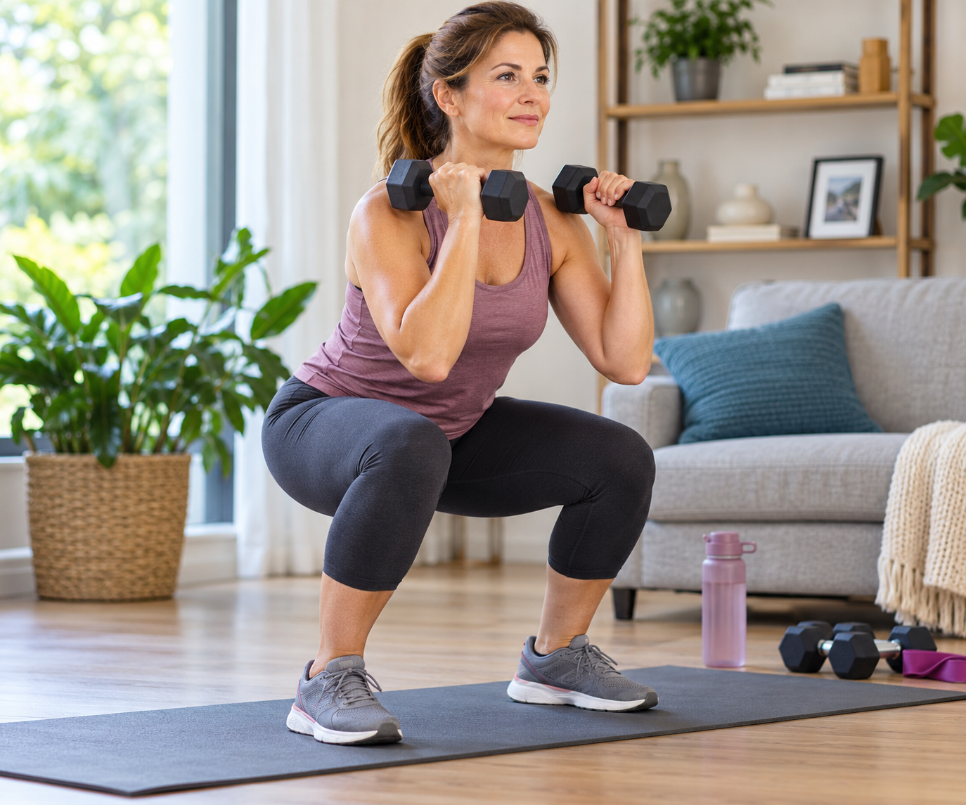 Bright-Living-Room-Dumbbell-Squat