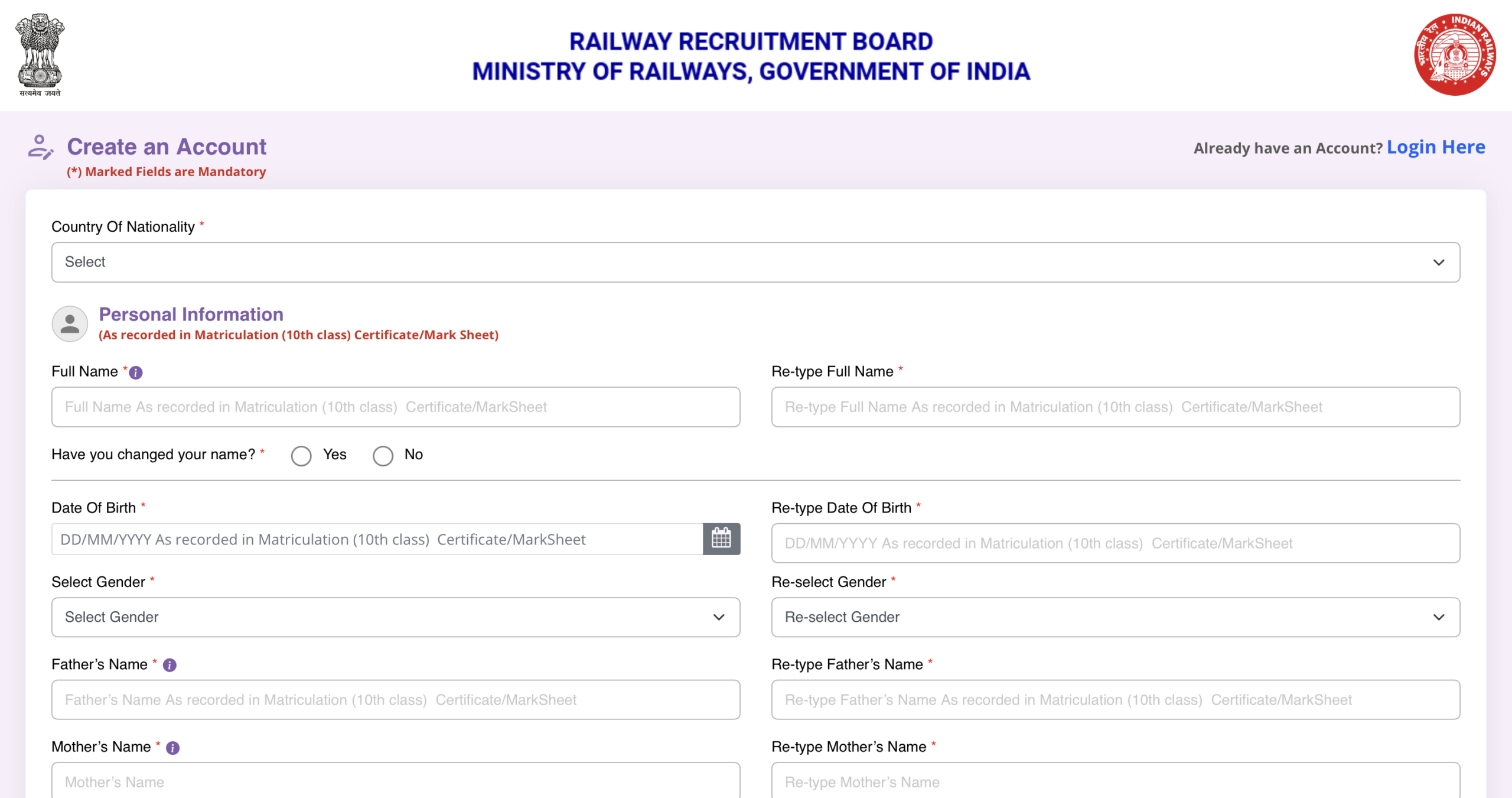 RRB Create account