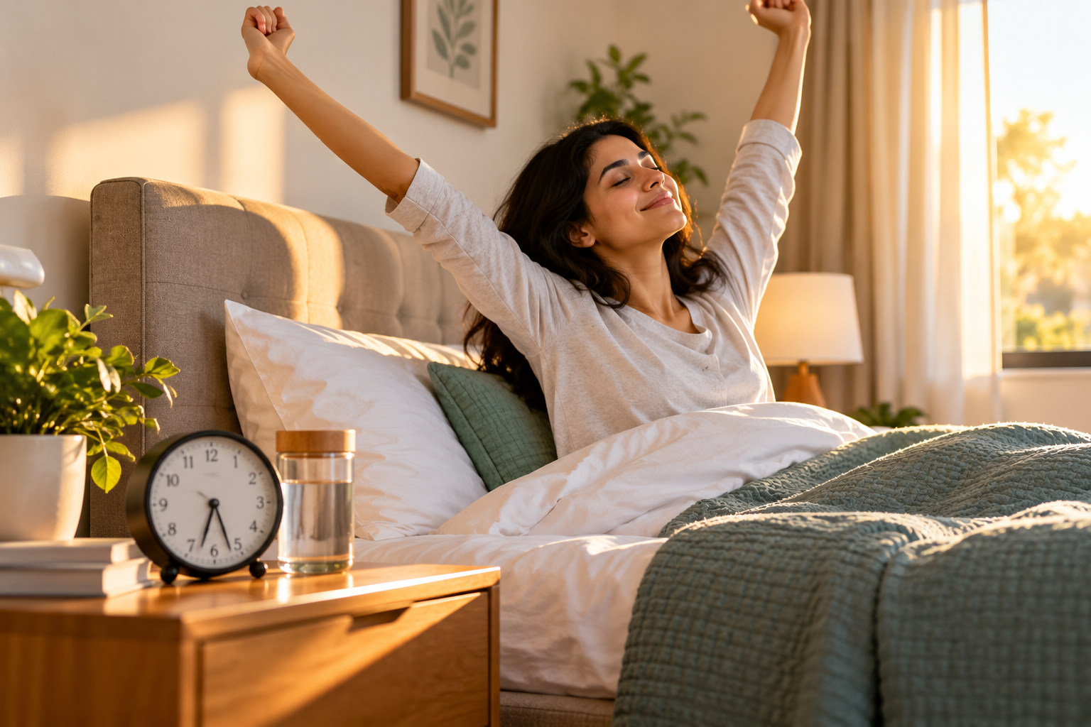 Sunlit-Morning-Stretch-in-a-Cozy-Bedroom